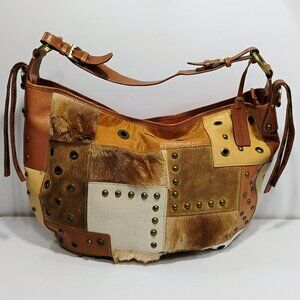 AQUA MADONNA BROWN LEATHER ANTELOPE HAIR PURSE HANDBAG 18X13